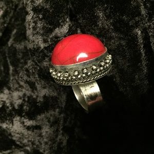 Adjustable Red Crackle and Silver Ring